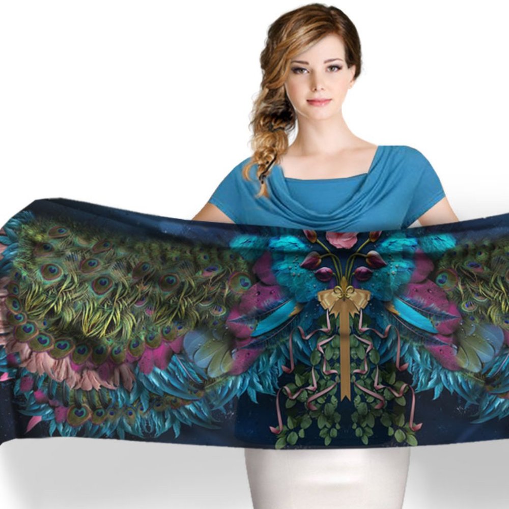 Peacock Feathers, Pink Rose & Wings Long Pure Silk Scarf - Picture 3 of 17
